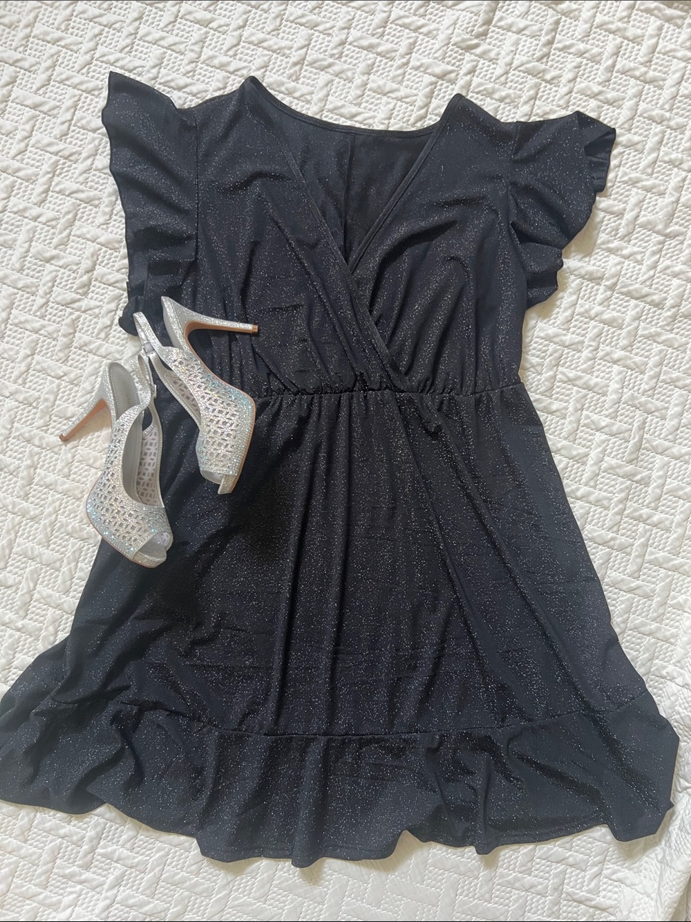 Black Sparkle Flutter Sleeve Deep V Cocktail Dress 2X